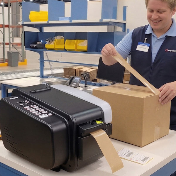 Kleben mit Klebeband und Nassklebestreifenspender im Einsatz