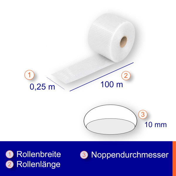 Luftpolsterfolie Breite: 25cm | Rolle á 100m | kleingenoppt