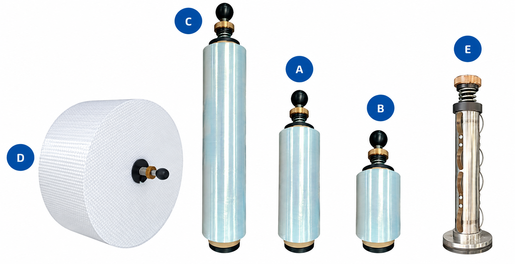 Folienhalter D, C, A, B und E für unterschiedliche Verpackungsfolien