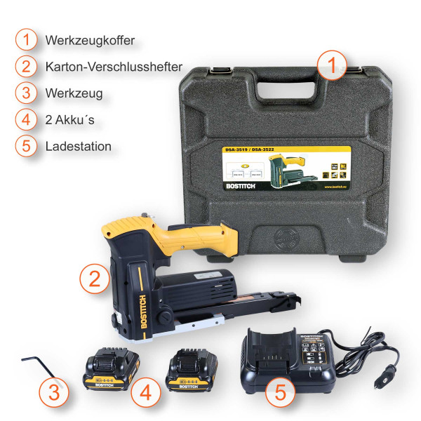 Bostitch Akku Karton Verschlusshefter + 2 Batterien