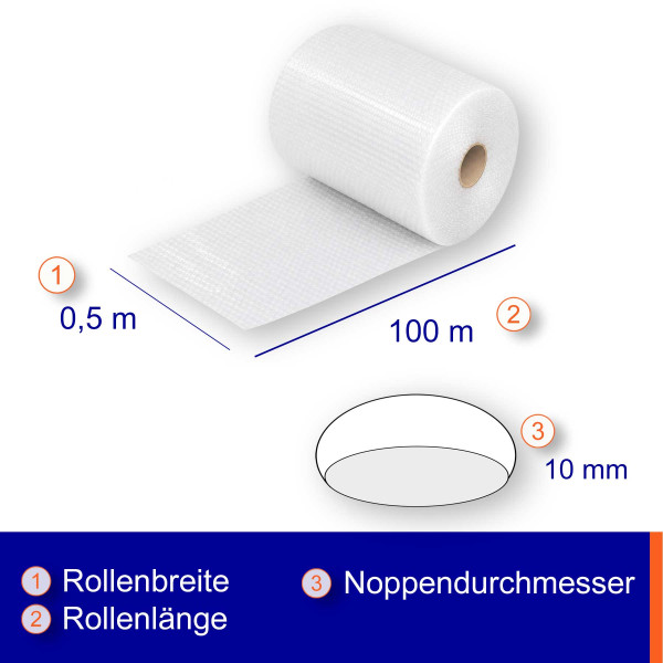 Luftpolsterfolie Breite: 50cm | Rolle á 100m | kleingenoppt