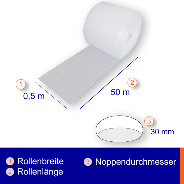 Luftpolsterfolie Breite: 50cm | Rolle á 50m | großgenoppt