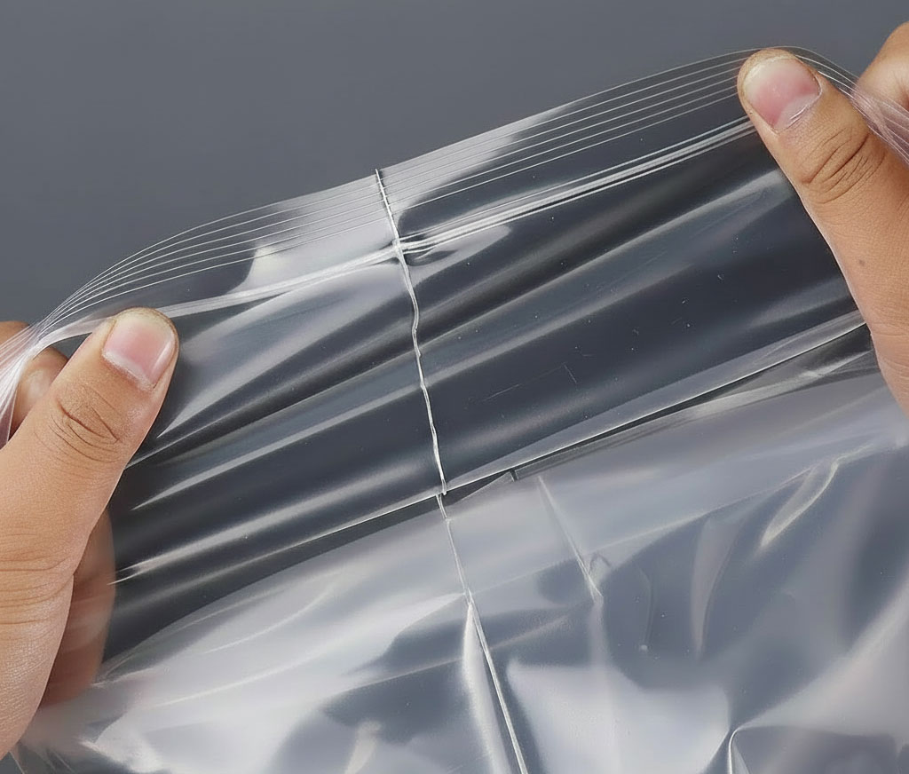 Detailaufnahme einer sauberen, gleichmäßigen Schweißnaht in transparenter Folie