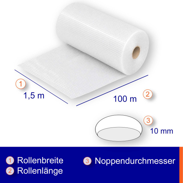 Luftpolsterfolie Breite: 150cm | Rolle á 100m | kleingenoppt