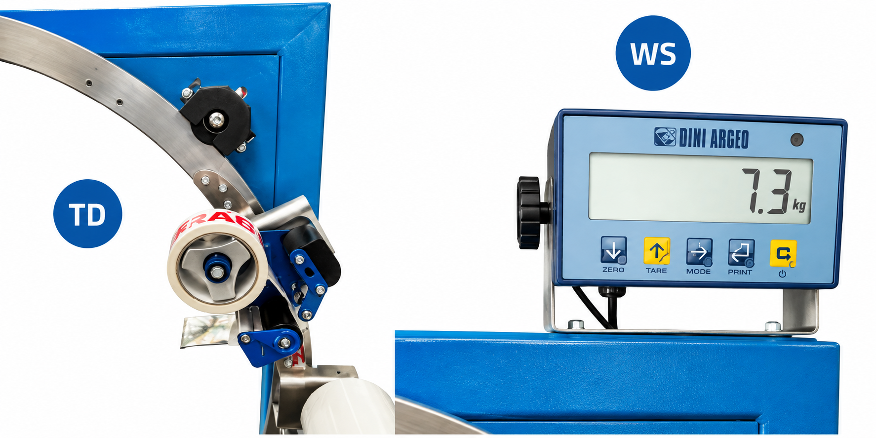 Optionaler Klebebandhalter TD und integriertes Wiegesystem WS