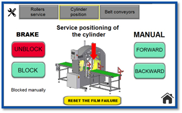 Service-/Manuellmodus: Zylinderposition und Transportsteuerung