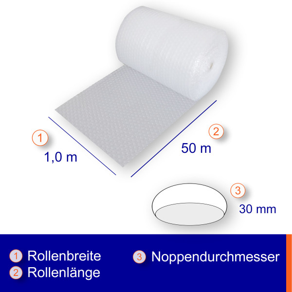 Luftpolsterfolie Breite: 100cm | Rolle á 50m | großgenoppt