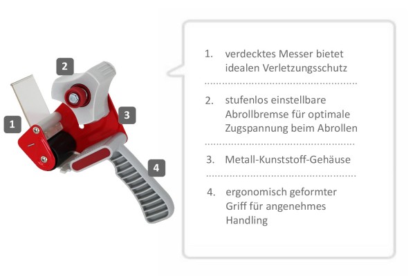 Klebebandhandabroller - mit Messerschutz und Bremse | rot