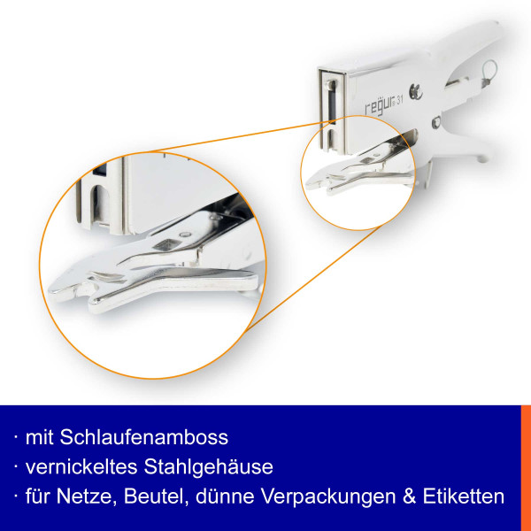 Verpackungsheftzange mit Schlaufenamboss