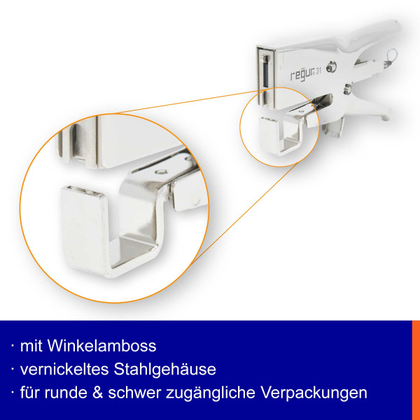 Verpackungsheftzange mit Winkelamboss
