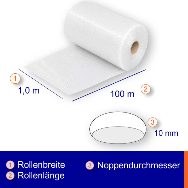 Luftpolsterfolie Breite: 100cm | Rolle á 100m | extra stark: 80µm
