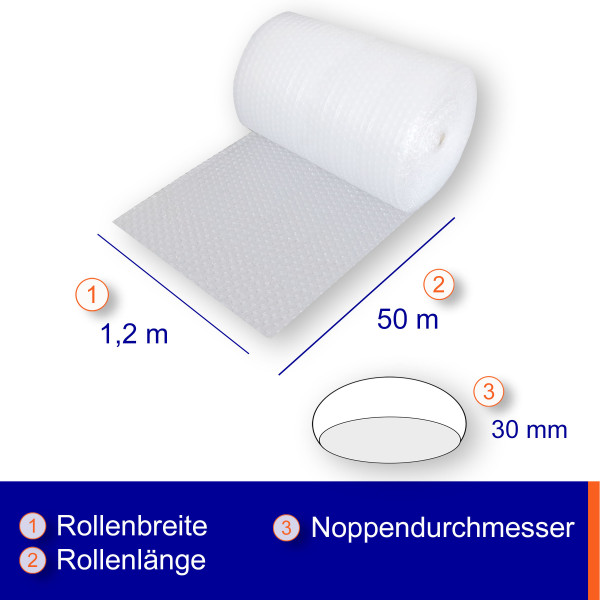 Luftpolsterfolie Breite: 120cm | Rolle á 50m | großgenoppt