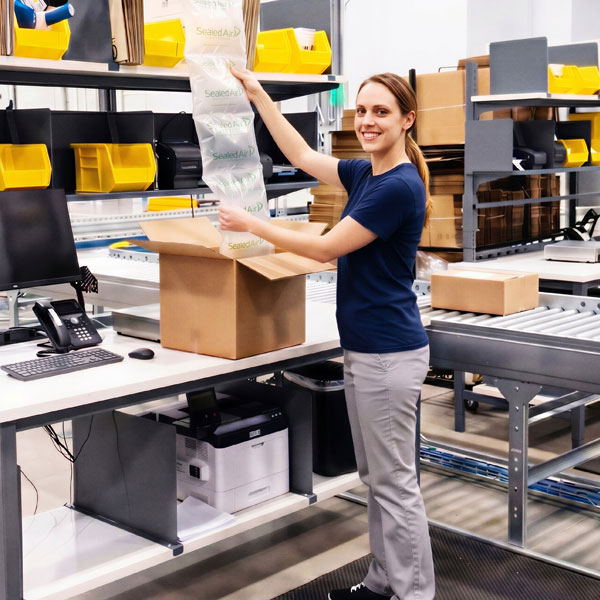 Professionell eingerichtete Versandabteilung mit Packtisch und Versandtechnik