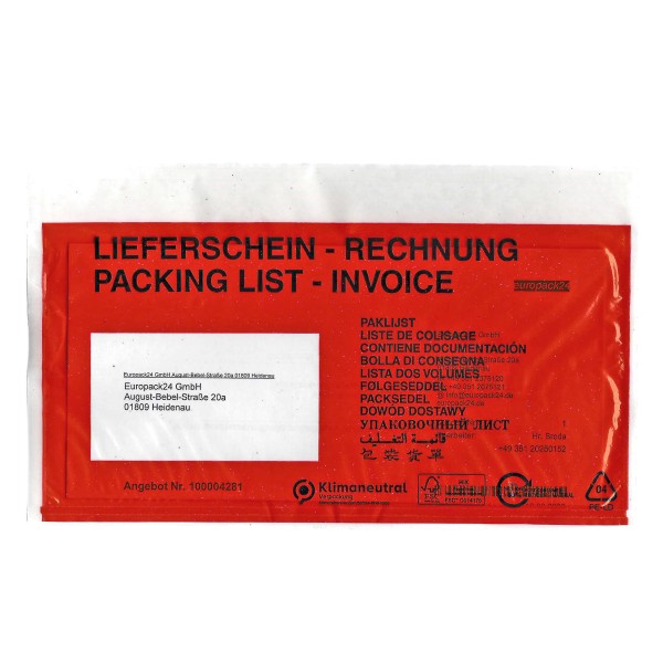 Begleitpapiertasche DL* Lieferschein/Rechnung