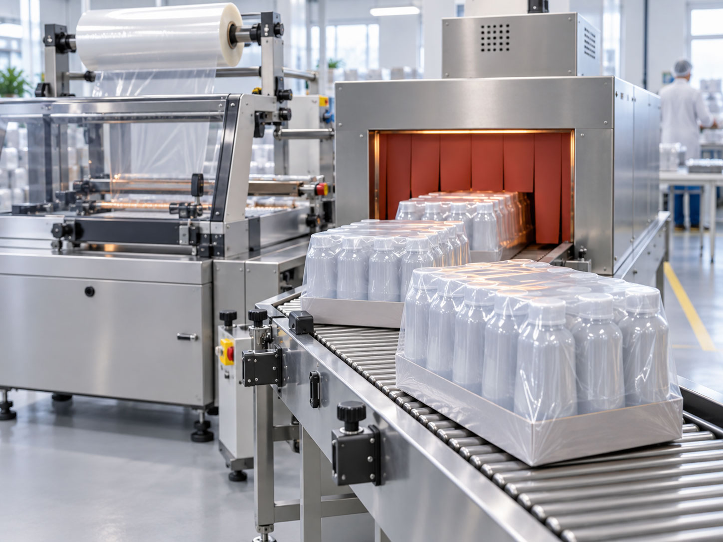 Verpackungsmaschine mit Schrumpftunnel zur Verarbeitung von POF-Schrumpffolie